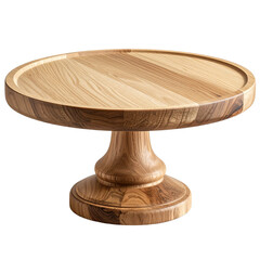 Round natural wood cake stand with carved pedestal, isolated on transparent background PNG