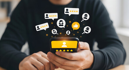 Customer satisfaction visualized: A user interacts with a mobile app to provide star ratings and reviews.