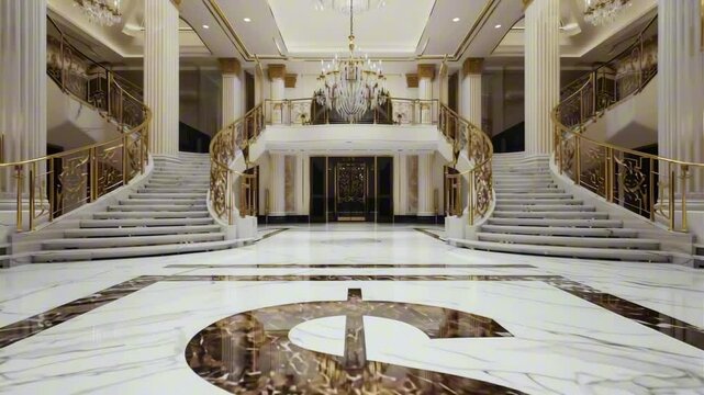 A $ sign on the marble floor of a luxury mansion foyer