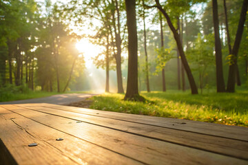 Wooden Tabletop with Morning Light Beaming Through Trees in Nature