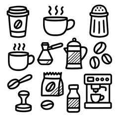 Coffee and Tea Icons in Marker Style – Hand Drawn Beverage Sketch Set with Transparent Background