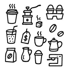 Coffee and Tea Icons in Marker Style – Hand Drawn Beverage Sketch Set with Transparent Background