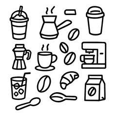 Coffee and Tea Icons in Marker Style – Hand Drawn Beverage Sketch Set with Transparent Background