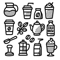 Coffee and Tea Icons in Marker Style – Hand Drawn Beverage Sketch Set with Transparent Background