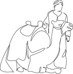 One continuous single drawing line art flat doodle camel, animal, sand, adult, bedouin people, desert area, turban. Isolated image hand draw contour on a white background, hand drawn, not AI
