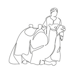 One continuous single drawing line art flat doodle camel, animal, sand, adult, bedouin people, desert area, turban. Isolated image hand draw contour on a white background, hand drawn, not AI