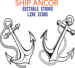 Ship Anchor Line Art Vector Illustration with Editable Stroke - anchor, ship, boat, sea, ocean, vector, illustration, line, perfect for icons and logos