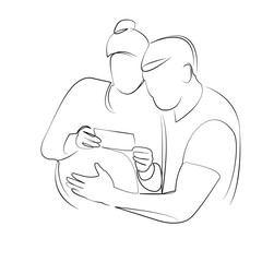One continuous line drawing on white isolated background. Minimalism linear illustration. person, mother, father, ultrasound, family, husband, wife, looking, man, pregnant