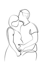 One continuous line drawing on white isolated background. Minimalism linear illustration. mother, husband, family, pregnant, woman, father, wife, belly, love, maternity