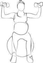 One continuous line drawing on white isolated background. Minimalism linear illustration. exercising, dumbbell, pregnant, adult, lifestyle, woman, indoor, person, healthy lifestyle