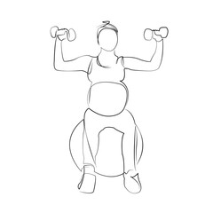 One continuous line drawing on white isolated background. Minimalism linear illustration. exercising, dumbbell, pregnant, adult, lifestyle, woman, indoor, person, healthy lifestyle