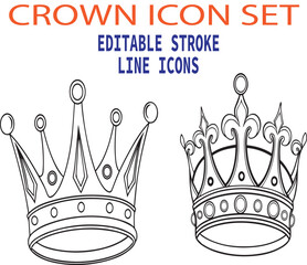 Crown Icon Set Line Art and Silhouette Vector Illustration with Editable Stroke
