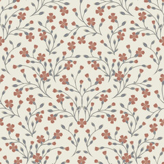 Pattern in the style farmhouse.  Vechochka with red flowers on beige background.