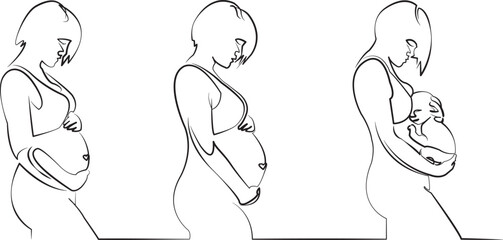 One continuous line drawing on white isolated background. Minimalism linear illustration. mother, care, new life, pregnant, adult, baby - human age, mid adult, anticipation, bonding, embracing