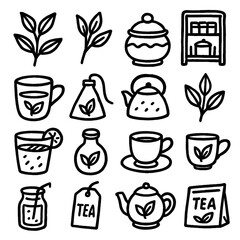 Tea, Nature, and Peace Doodle Icons – Hand Drawn with Marker on Transparent Background