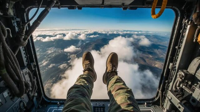 A military paratrooper in an airplane before a parachute jump