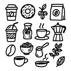 Coffee and Tea Icons in Marker Style – Hand Drawn Beverage Sketch Set with Transparent Background