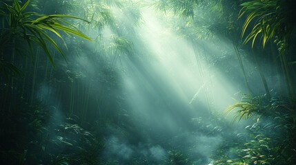 Fototapeta premium Sunbeams pierce misty jungle