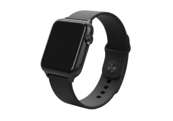 A black smartwatch with a blank screen is isolated on transparent background