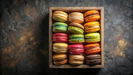A delightful assortment of colorful French macarons arranged neatly in a rustic wooden box, showcasing a variety of delicate pastel and rich dessert shades.