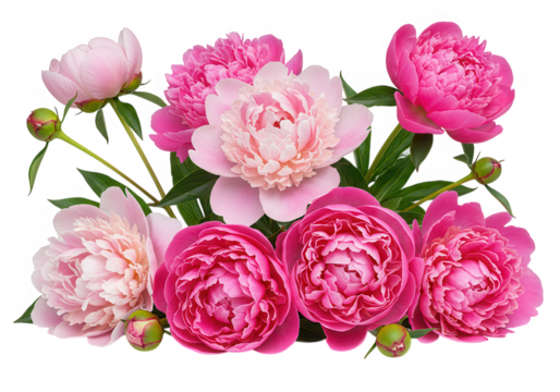 A bouquet of pink peony flowers is isolated on transparent background