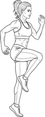 A dynamic black and white line art illustration of a muscular woman with a ponytail, in a running or high-knee stance, showcasing her athletic physique.
