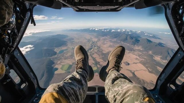 A military paratrooper in an airplane before a parachute jump