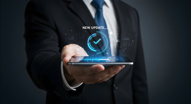 Professional's hand holds a smartphone displaying a successful new software update with a futuristic digital interface.