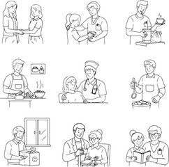  Nine outline illustrations depicting acts of kindness and care, including helping, cooking, and sharing among people of different ages.