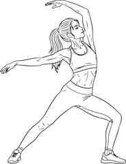  Dynamic outline drawing of a fit woman in athletic wear performing a stretching or yoga pose