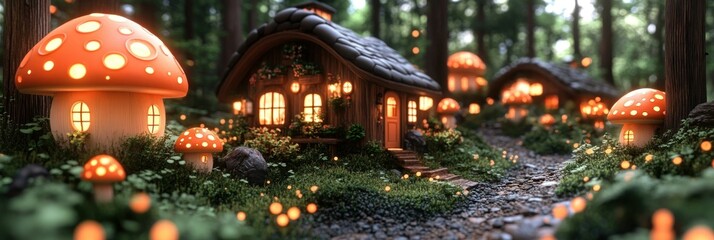 Enchanted Mushroom Homes in a Mystical Forest