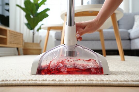 Cleaning a red spill. A carpet cleaner sucks up a red wine or juice stain from a rug in a living room.