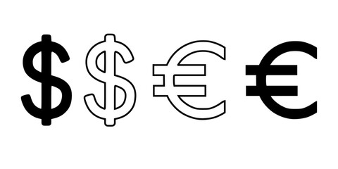Dollar and euro icon set in solid and outline style

