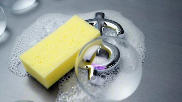 Sponge gently scrubbing a chrome $ sign until it sparkles, with soothing ambient bubbles and soft lighting