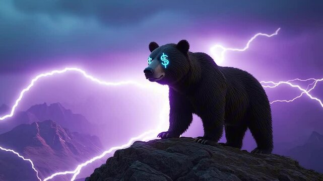 A bear with $ sign eyes on a mountain as lightning strikes