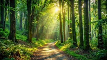 Naklejka premium Sunlit Path Through a Verdant Forest, Illuminated by Golden Rays of Morning Sun, Casting Magical Shadows on Lush Undergrowth