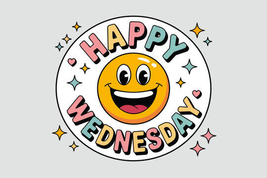 Happy Wednesday smiley face design suitable for greeting cards, social media posts, website banners, and email newsletters to spread positivity.