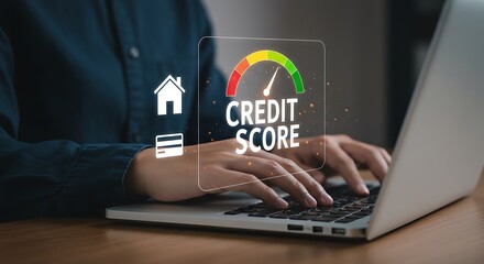 Person Checking Credit Score on Laptop Screen Showing Gauge Red Green Yellow Home Credit Card Icons credit rating