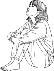 a detailed black and white line art illustration of a young woman sitting in a pensive or contemplative pose, looking upwards.