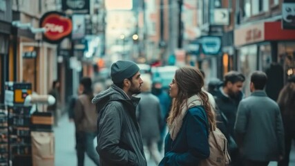 This footage captures a couple in an urban setting. Their interaction amidst busy streets symbolizes love and connection. Perfect for romantic themes. Generative AI