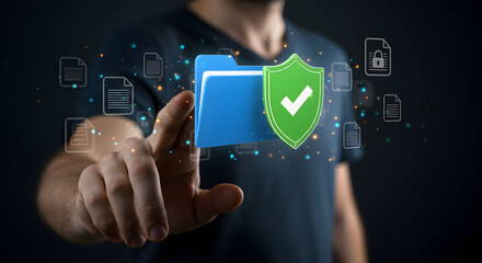 Man's hand interacts with a secure digital folder, symbolizing robust data protection and cybersecurity.