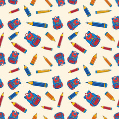Brightly colored backpacks and pencils are arranged in a seamless pattern, perfect for projects related to education and learning. This vector illustration captures a fun school atmosphere