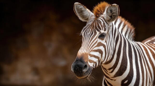 Zebra showcases its unique black and white stripes complemented by an orange mane, set against a dramatic dark background
