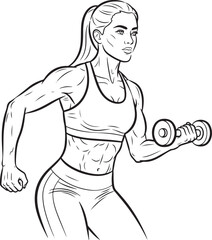  dynamic black and white line art illustration of a muscular woman with a ponytail, performing a bicep curl with a dumbbell.