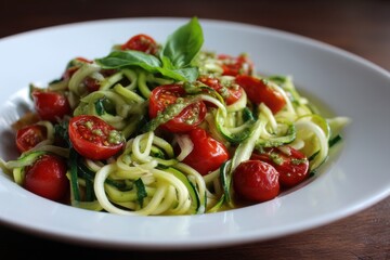 Zoodles Zucchini Nudeln mit Pesto Low Carb Pasta Tomaten Basilikum gesundes Mittagessen vegane Zucchininudeln Spiralnudeln kalorienarm Keto Gericht Gemüse Spaghetti leichtes Sommergericht Fit Food