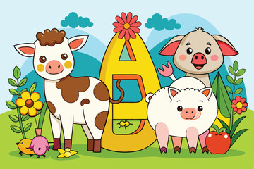Naklejka premium Cute cartoon cows and a calf graze in a green meadow under a bright sky, a fun farm illustration for kids