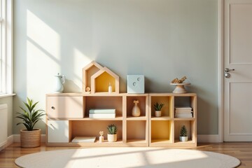 Naklejka na ściany i meble Modern playroom storage. A minimalist wooden shelf in a child's room with pastel colors and stylish decorations. Scandinavian interior design concept.