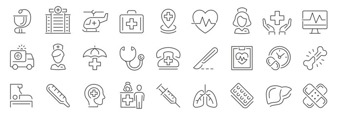 Medicine icon set. Healthcare icon collection. Medicine outline icon set. Vector illustration.