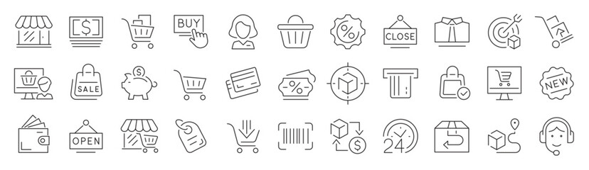 Shopping icon set. Online shopping icon. E-commerce. Store, delivery, Supermarket, promotion, shopping cart symbol. Vector illustration