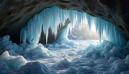 Crystal clear ice formations in cave with soft blue light